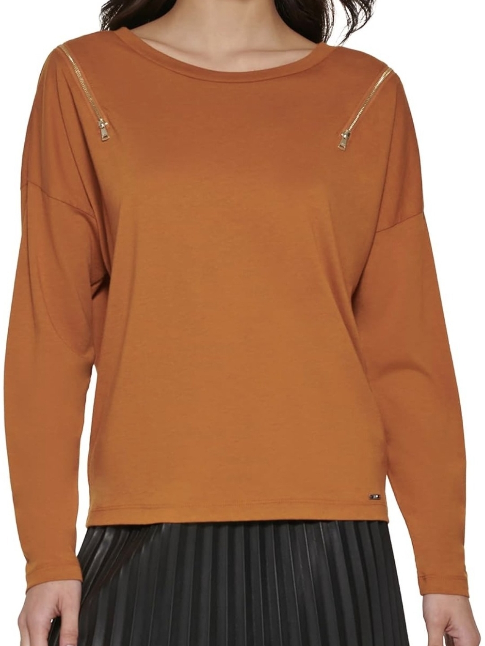 DKNY Women's Rust Brown Zip-Shoulder Sweater